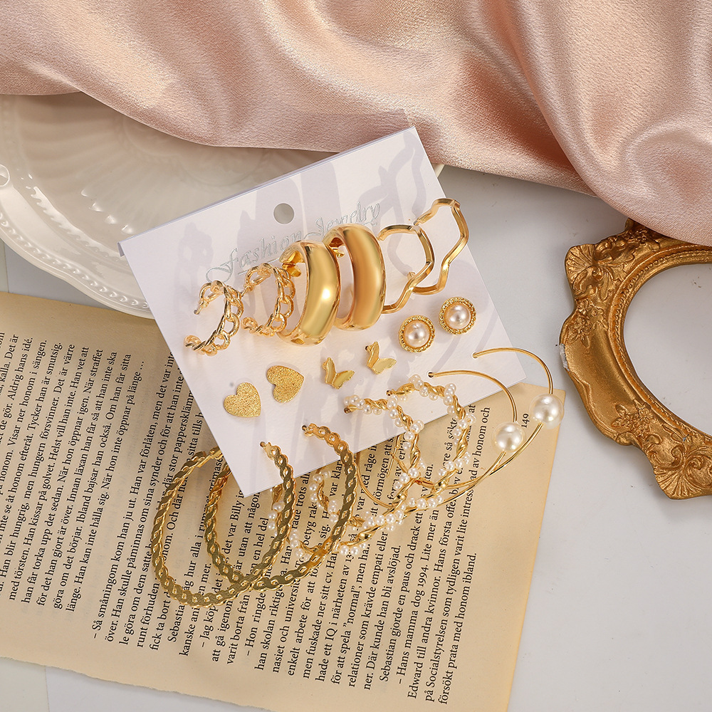 New cross-border exaggerated imitation pearl earrings 9-piece set, European and American ins retro alloy geometric ear ring set earrings Specification drawing