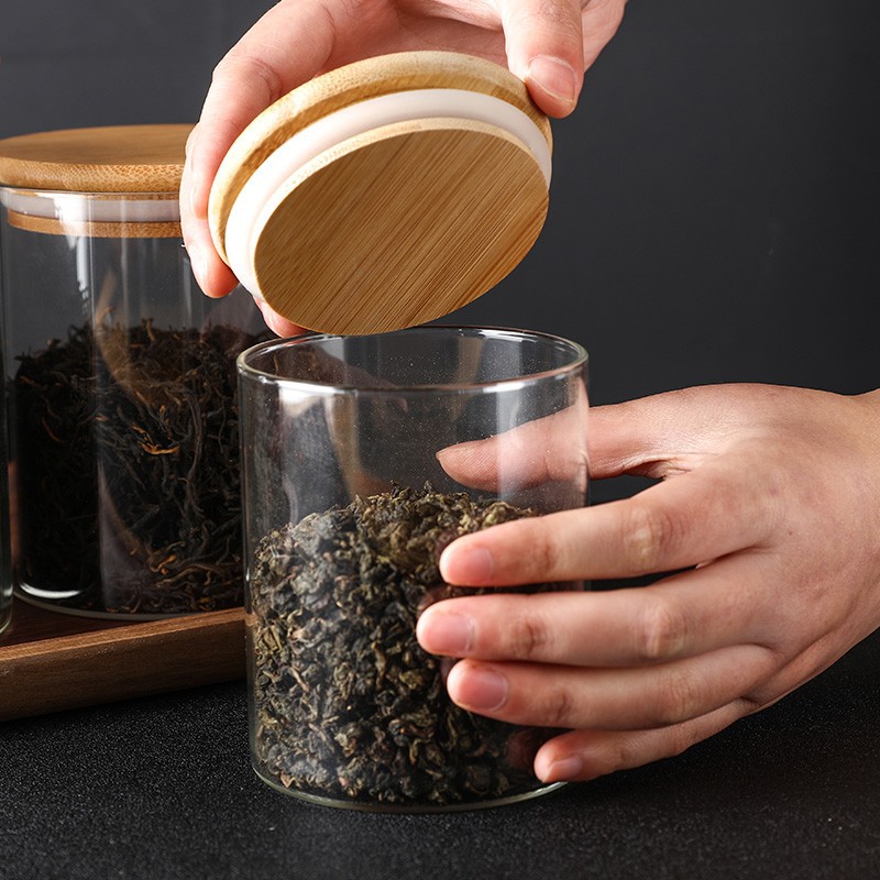 Cross-border best-selling glass sealed jars, kitchen storage jars, tea cans, wooden LIDS, high borosilicate glass sealed jars, storage jars details Picture