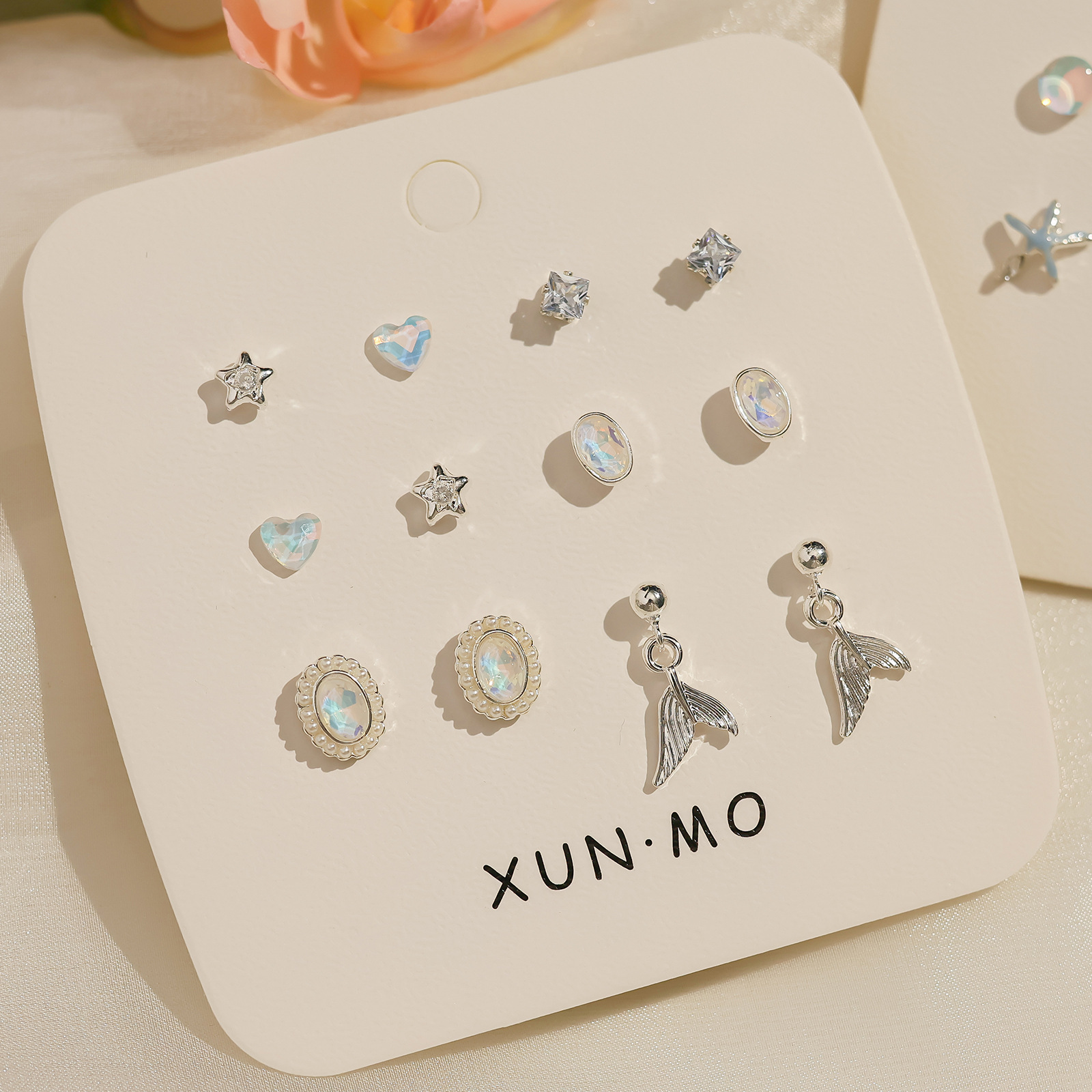 Summer light blue Aurora Exquisite Silver needle Stud one-week set, versatile and elegant earrings, clear and transparent ocean earrings for women Application Scenario