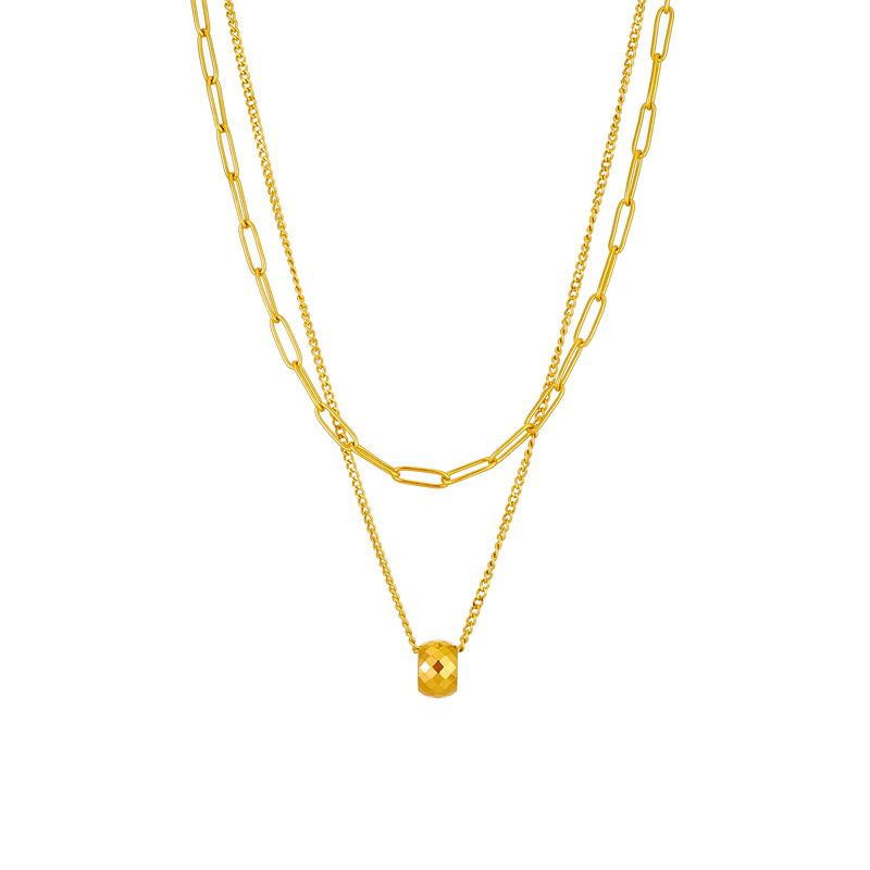 European and American fashion style, simple, light luxury, high-end double-layer overlapping cut surface round bead pendant chain titanium steel metal necklace Item Picture