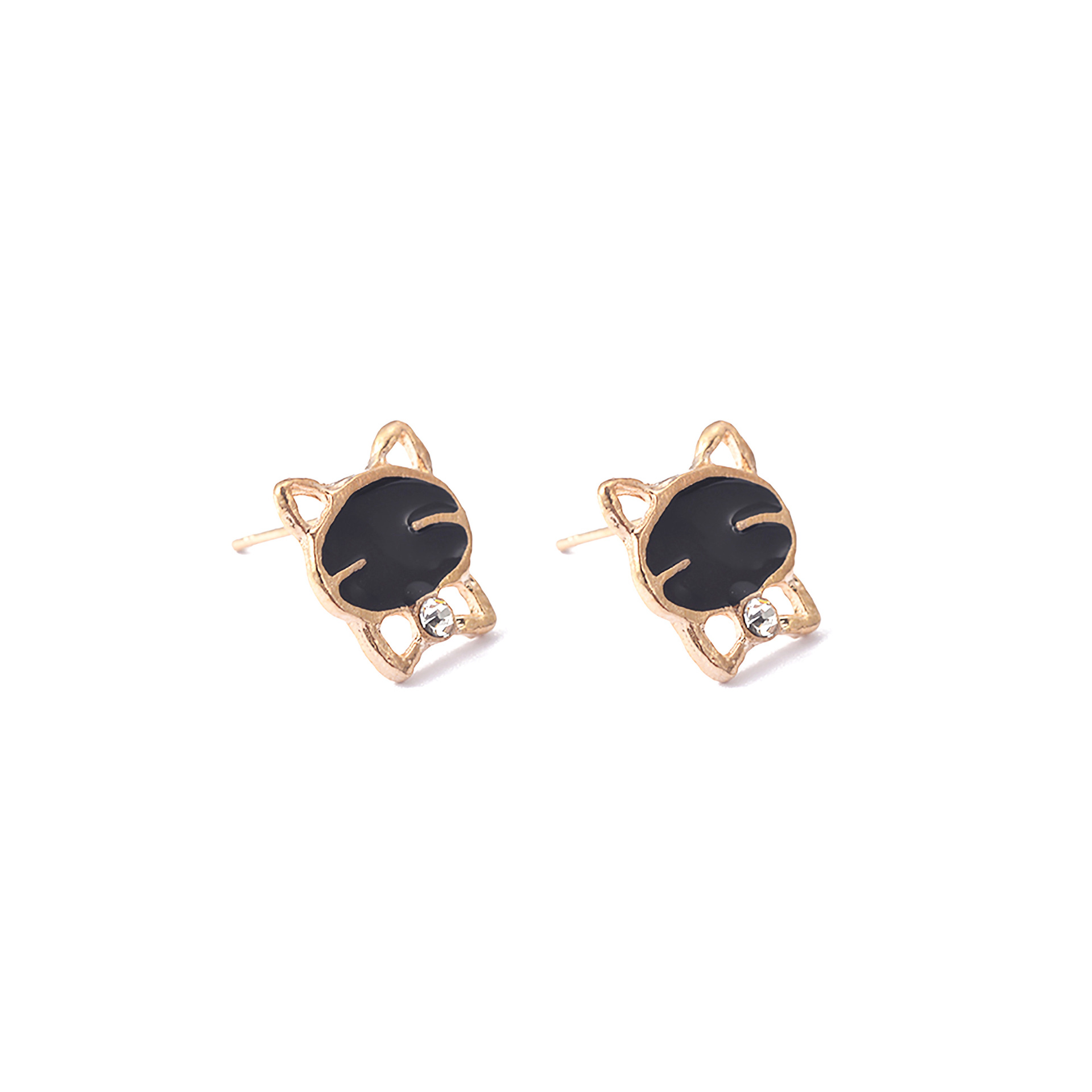 Korean fashionable and cute black smiling cat water diamond stud earrings, alloy oil-dripping cat earrings, female student accessories Item Picture