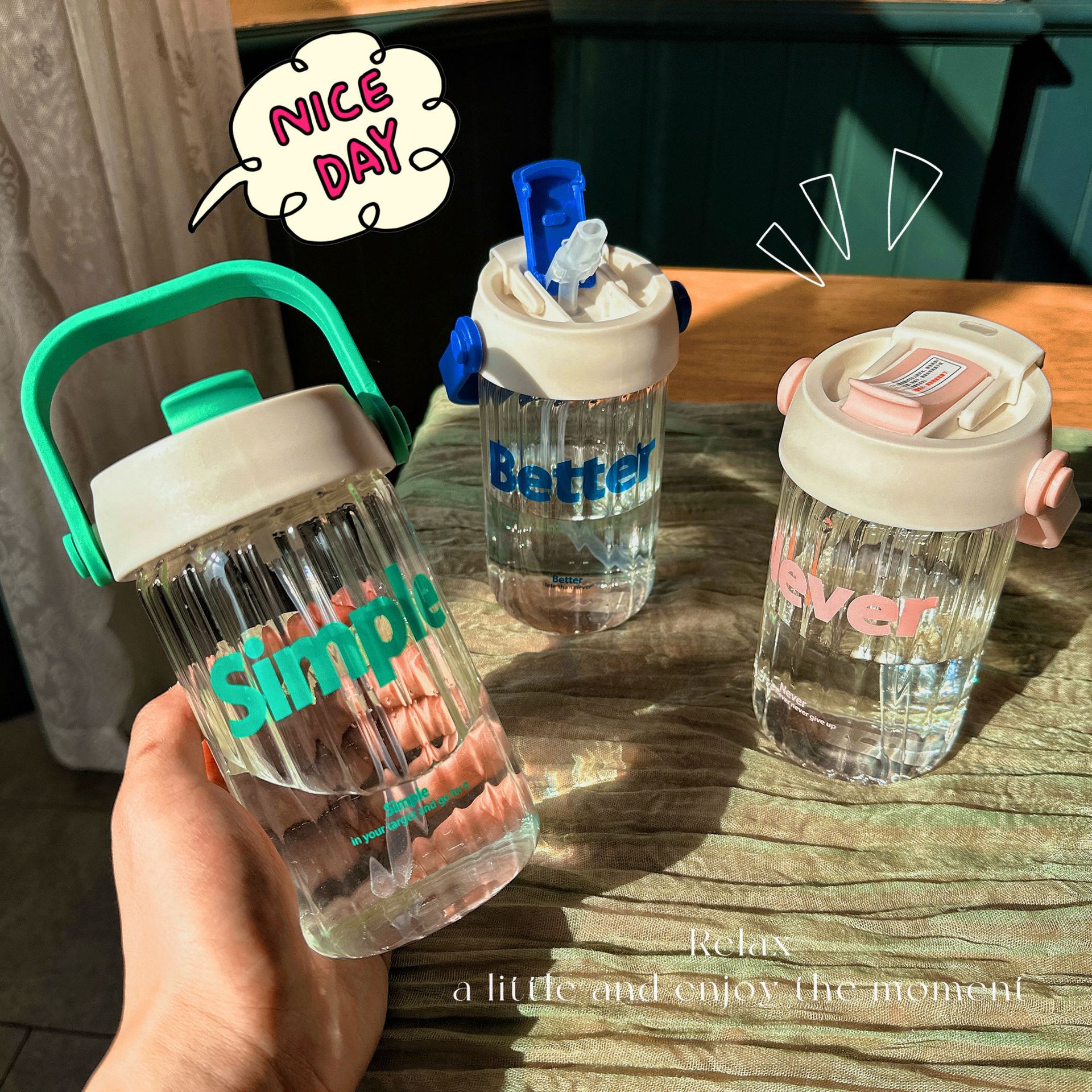 ins high appearance level glass cup with vertical patterns, simple summer water cup, double drinking, fashionable and portable, hand-held student straw cup Specification drawing