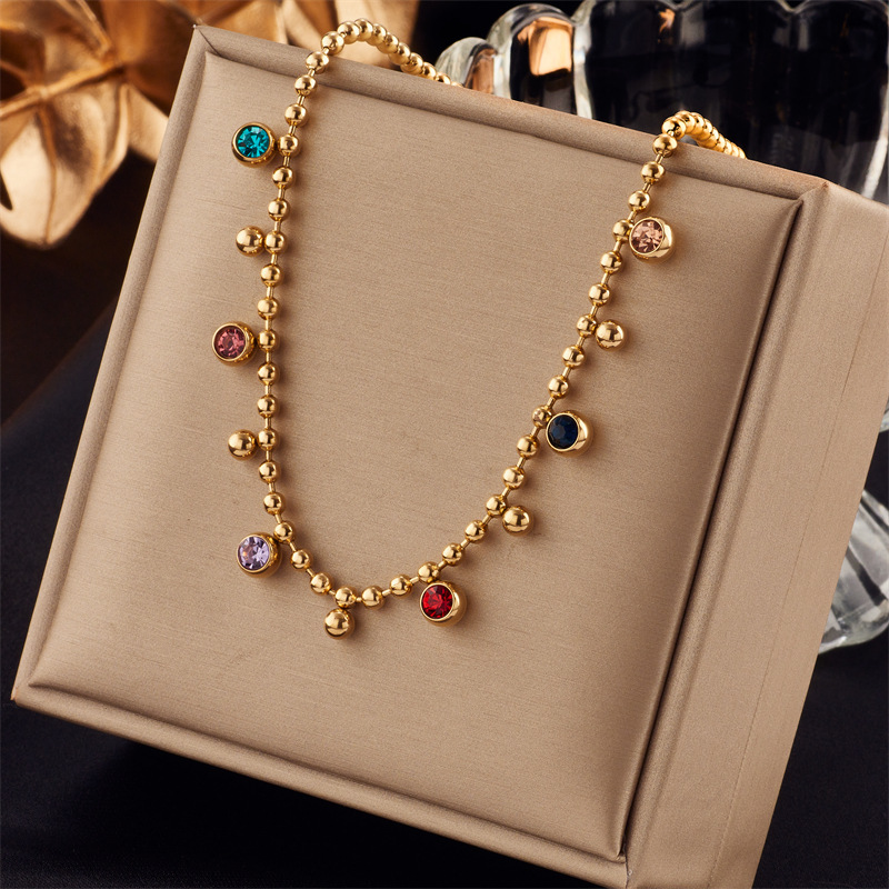 European and American cross-border retro, simple, niche, fashionable and versatile colorful round diamond pendant titanium steel metal necklace full figure