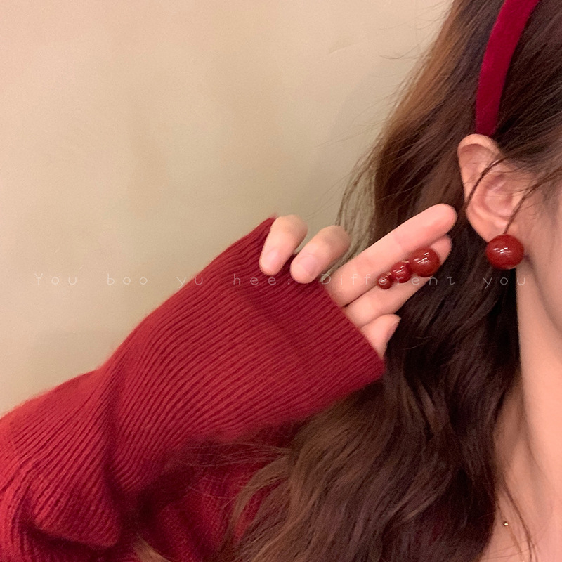 Ankela Red Bean Pearl Earrings for Women 2024 New Style internet-famous earrings, simple and elegant, no need to take off earrings when sleeping during the Spring Festival details Picture