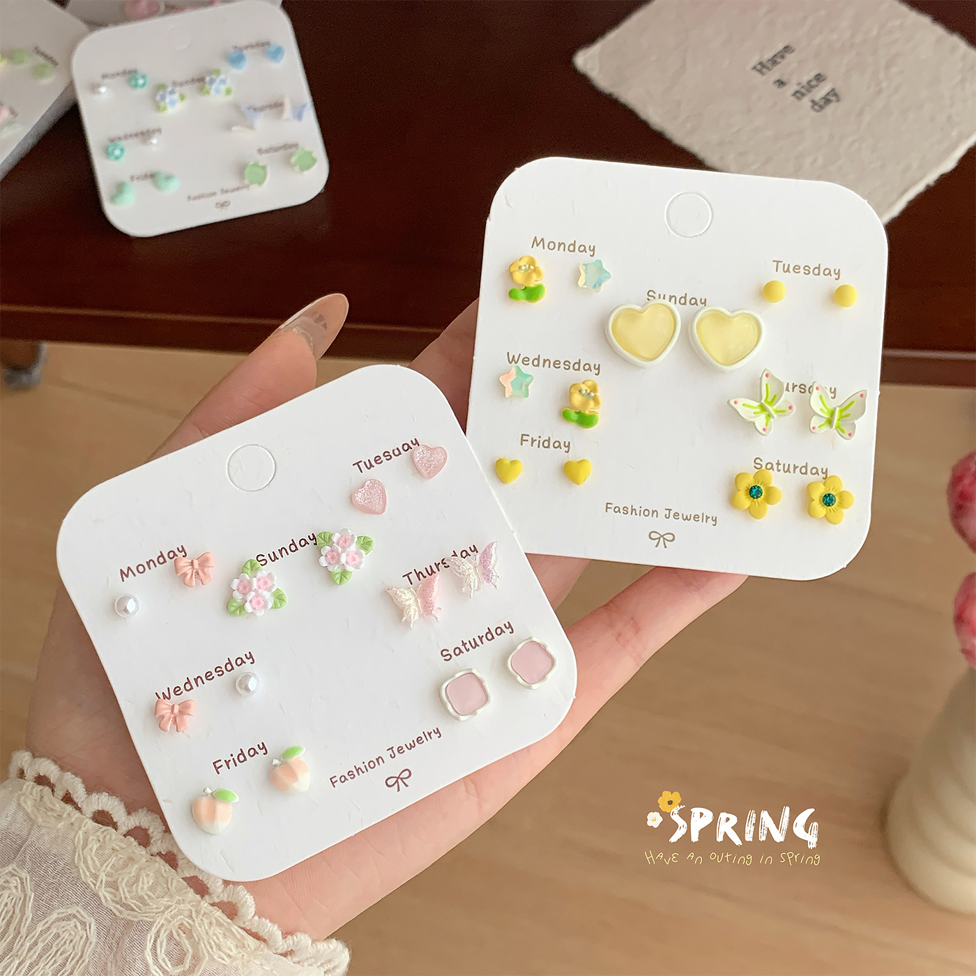 Spring and summer forest-themed InS-style fresh flower stud earrings, one-week silver needle, girlish new student ear accessory set wholesale full figure