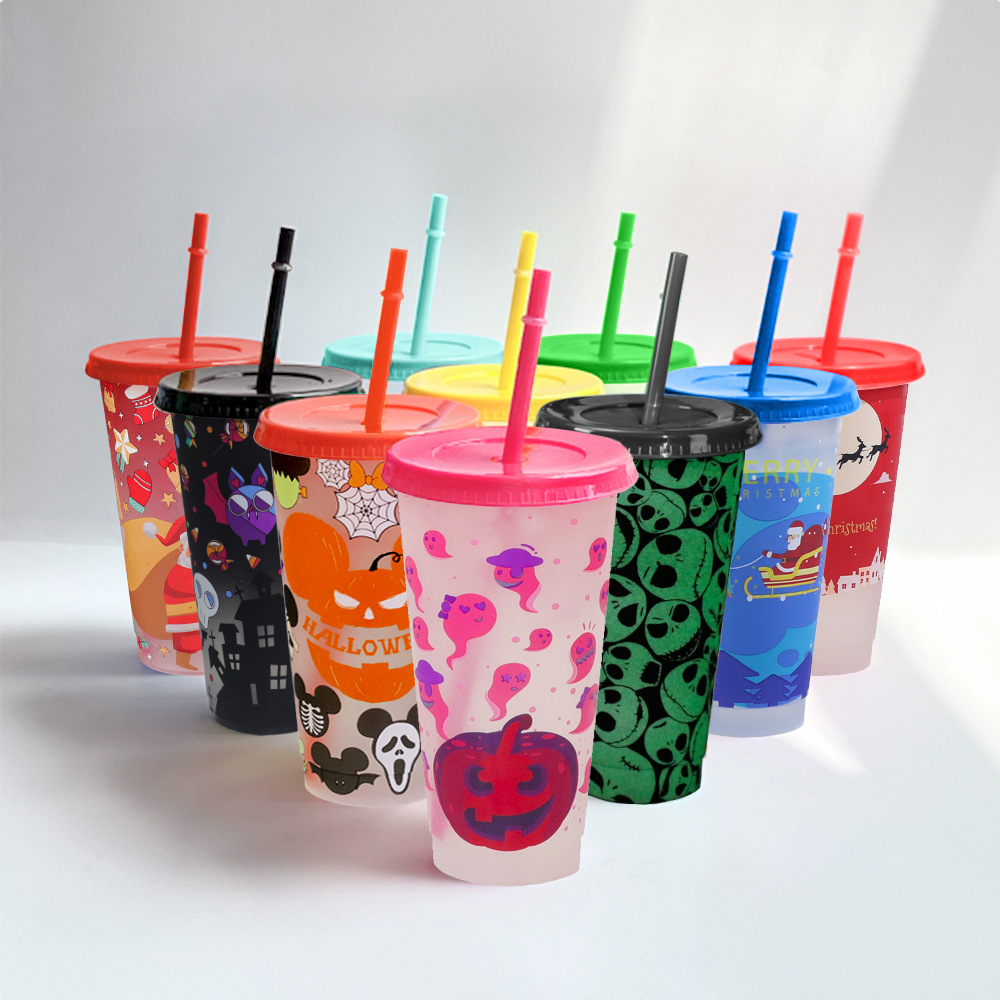 2025 New Creative Festival temperature-sensitive plastic color-changing Cup for Halloween 710ml single-layer color-changing straw Plastic cup Specification drawing