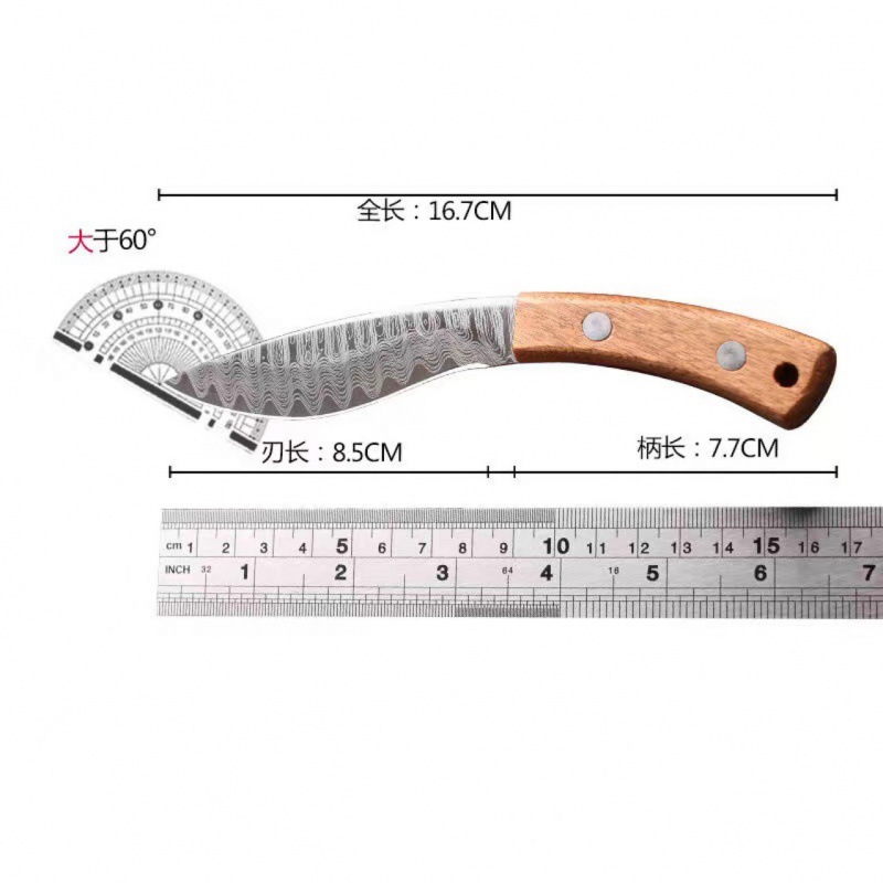 A Damask patterned hand-forged meat knife with a leather case is available for barbecuing, camping, outdoor use, and fruit knives Specification drawing