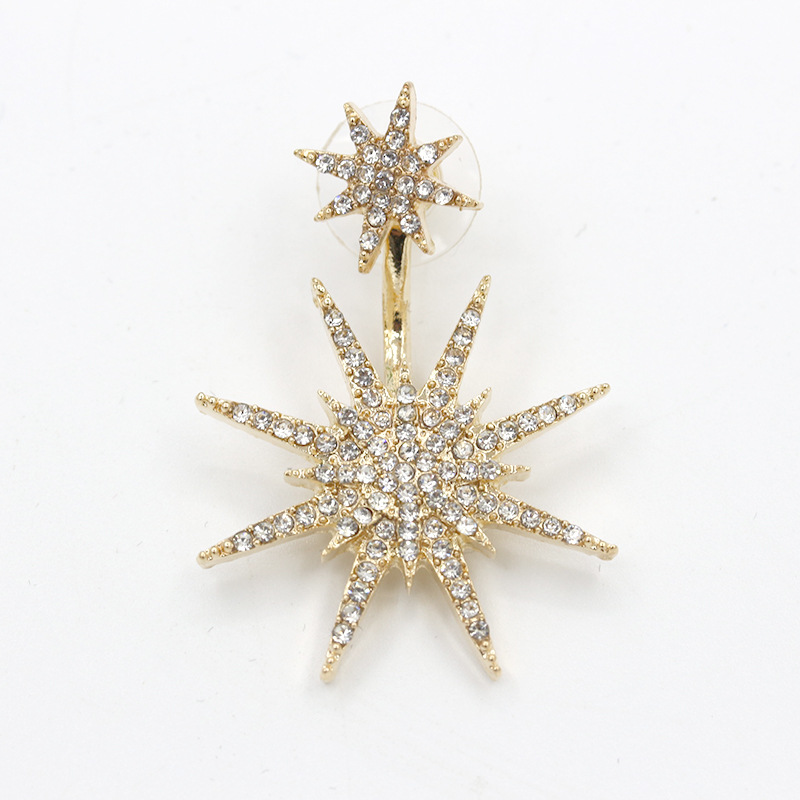 Wholesale of new European and American fashion accessories, diamond-encrusted back-hanging snowflake earrings, guardian accessories, hexagonal star stud earrings Specification drawing