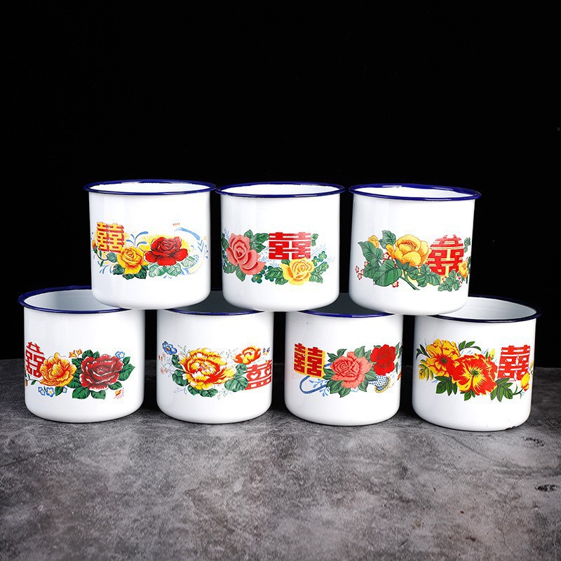 Enamel Double happiness cup, flower lid cup, old-fashioned enamel tea VAT, wedding candy tea cup, nostalgic enamel tea VAT cup, enamel cake cup Specification drawing