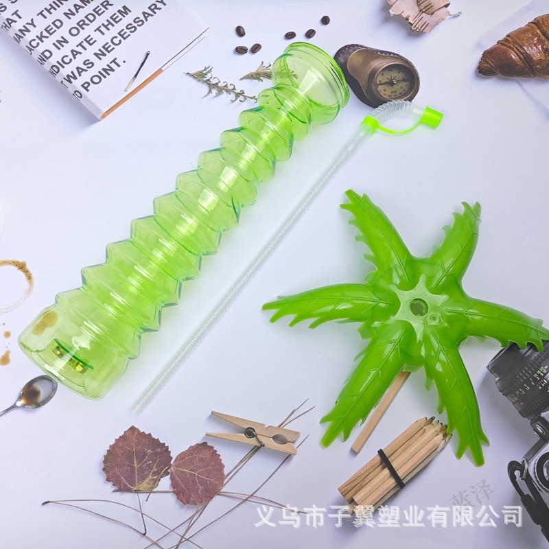 Creative special-shaped pet disposable plastic luminous coconut tree cup 500ML straw cup Beach drink water cup in stock details Picture