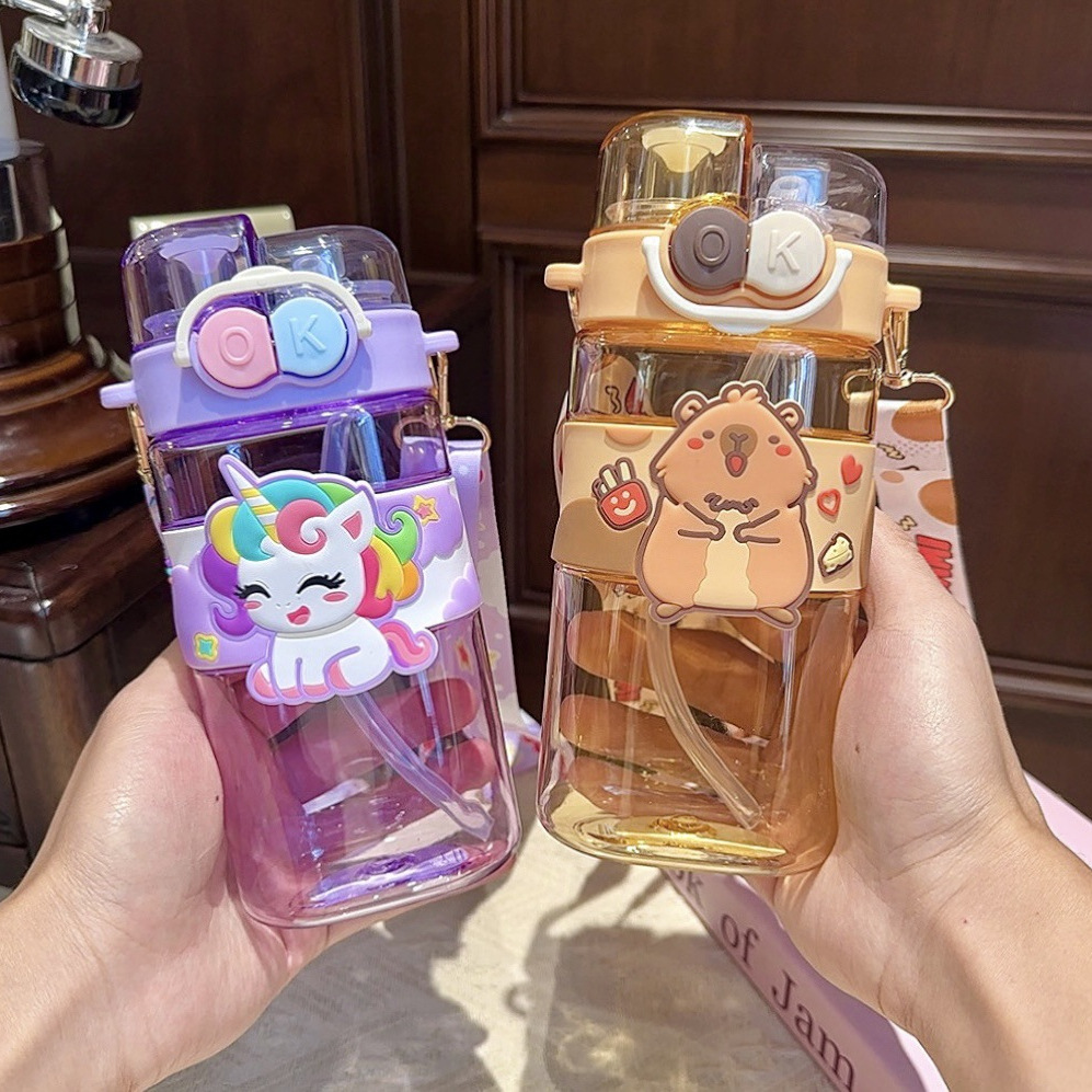 The new Kapibala plastic cup features a high aesthetic level, a double-drinking straw cup, is portable and cute for students, and is a cartoon water cup for girls Application Scenario