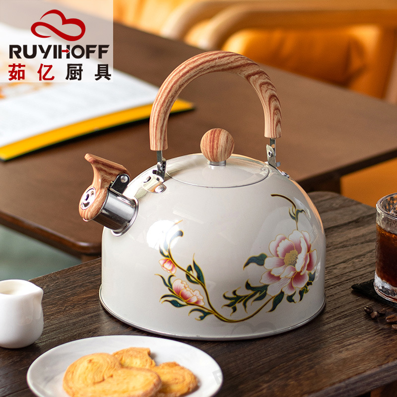 New cross-border flower-patterned sounding kettle, European and American kitchenware creative white sounding large-capacity kettle 3L full figure