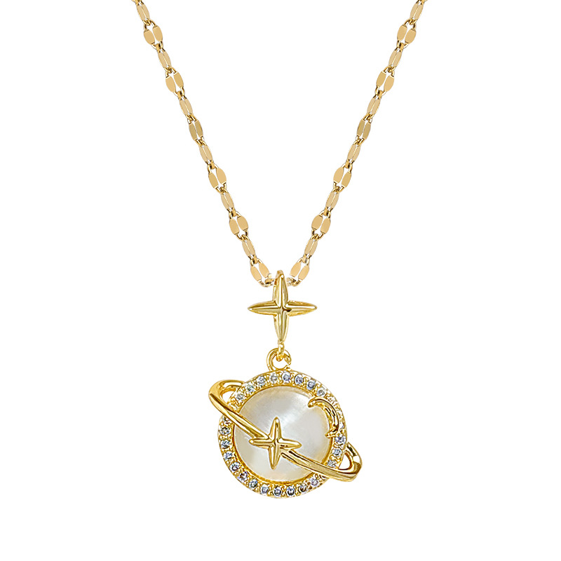 【 Titanium Steel 】 Light luxury slightly inlaid real gold cat's eye stone Planet necklace, new women's collarbone chain, light luxury and niche design sense Item Picture