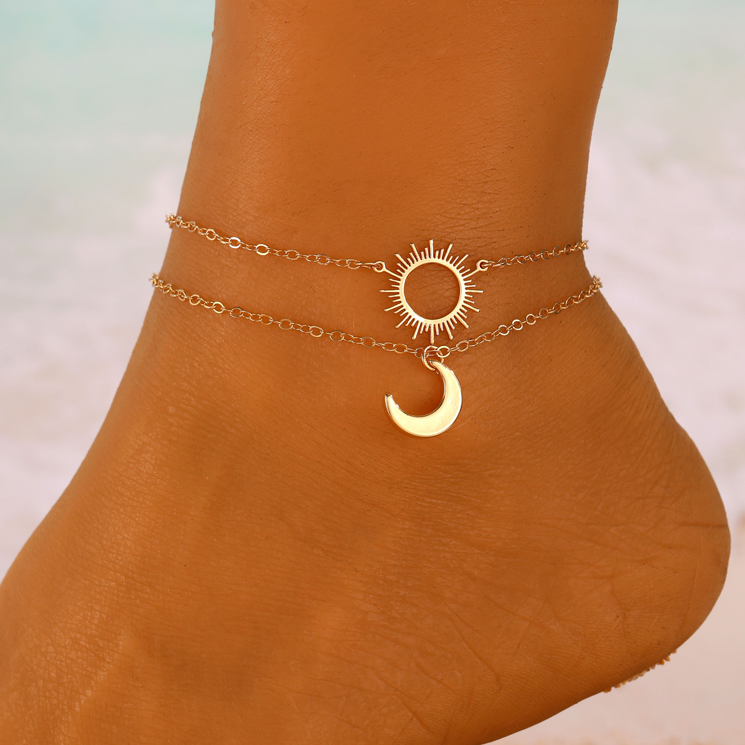 European and American cross-border hollowed-out sun and moon couple ankle chain necklace bracelet double-layer layered jewelry set for women details Picture