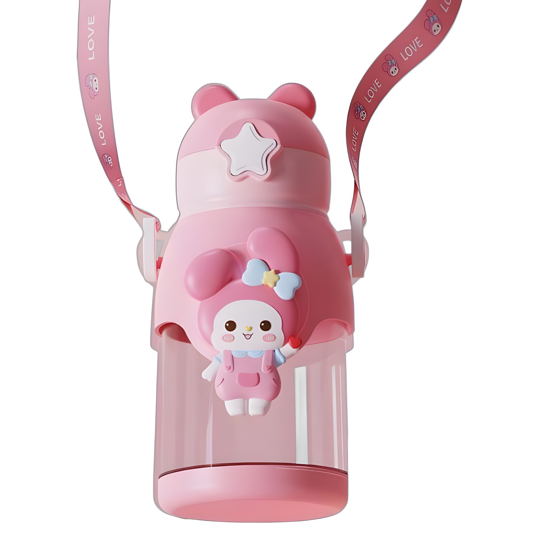Summer portable double-drinking rotating cup, large capacity outdoor shoulder strap, crossbody water bottle, high appearance level cartoon children's plastic Item Picture