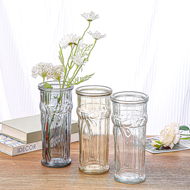 Simple glass vase, tall straight tube, embossed glass vase, home flower arrangement, water care, living room decoration, dried flower vase full figure