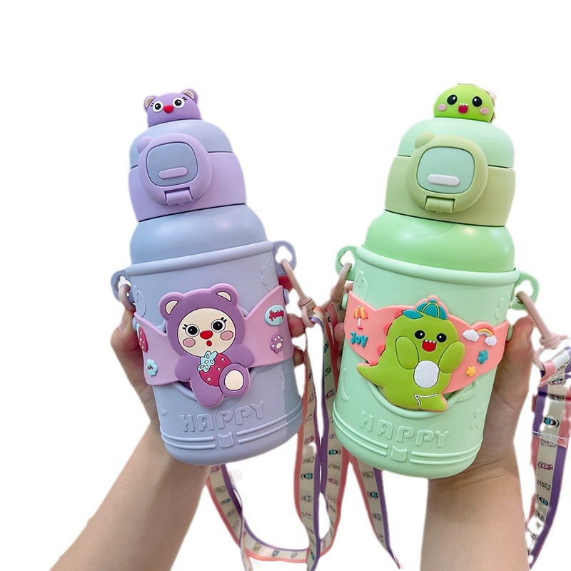 Children's straw thermos cups, men's and women's high appearance level water bottles, cartoon dolls, aluminum cans, water cups, portable, shockproof and temperature-measuring Item Picture