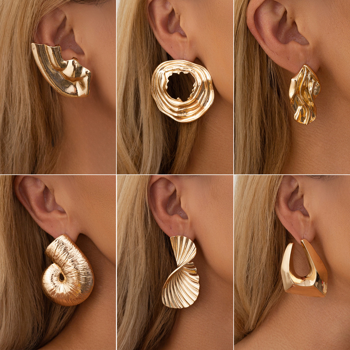 Cross-border foreign trade pleats earrings European and American punk circular geometric large stud earrings exaggerated metal liquid earrings full figure