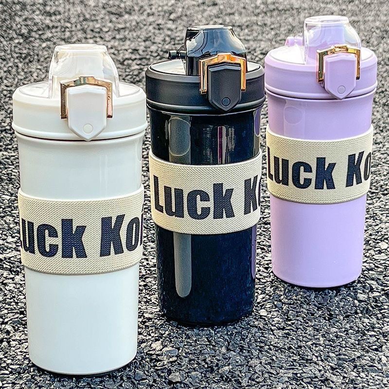 High appearance level, portable coffee cup, women's double-drinking straw insulated cup, light luxury water cup, large capacity with handle and small shield details Picture