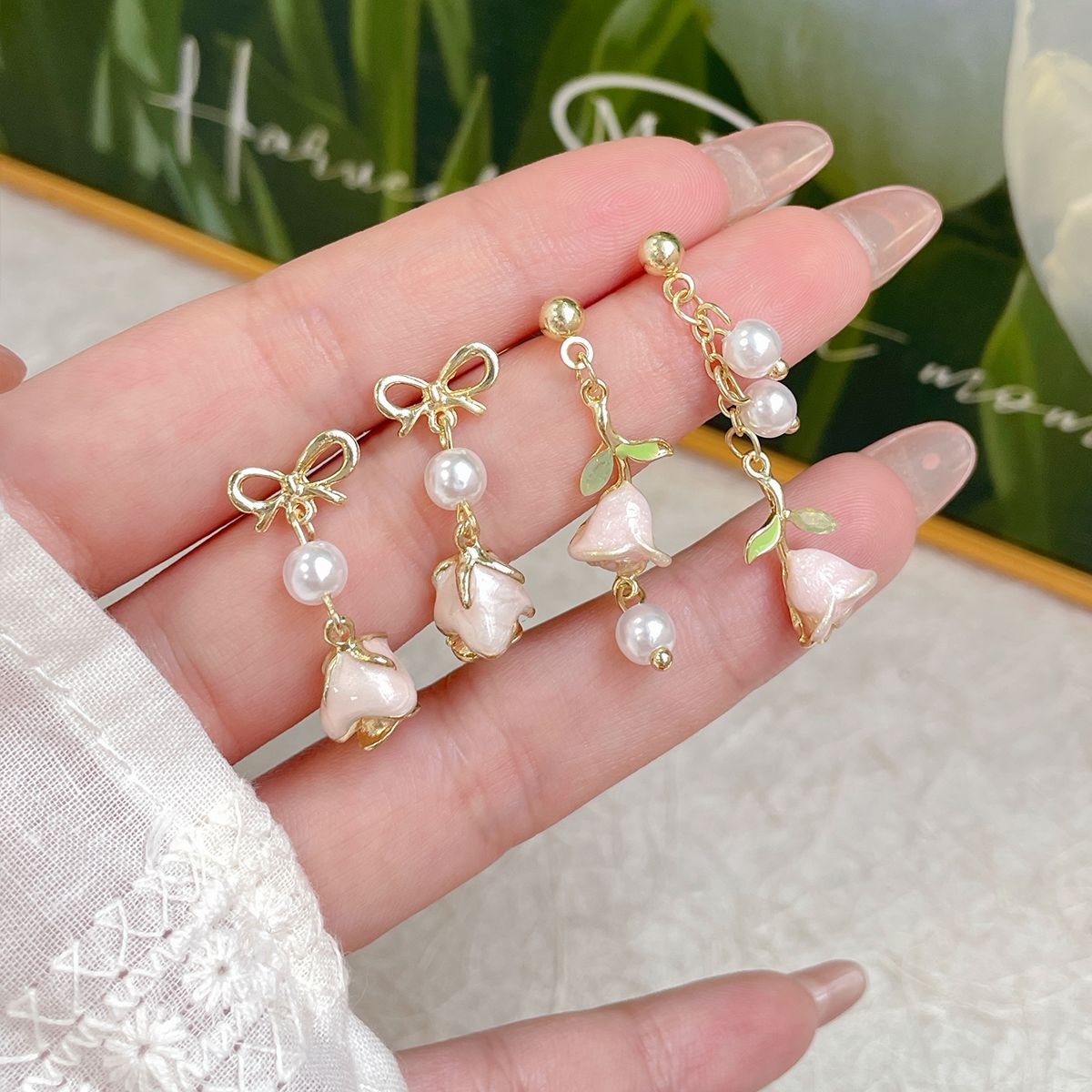 Rose sweet oil-dripping flower earrings for women, long silver needle, exquisite tassels, niche design, light luxury summer earrings Specification drawing