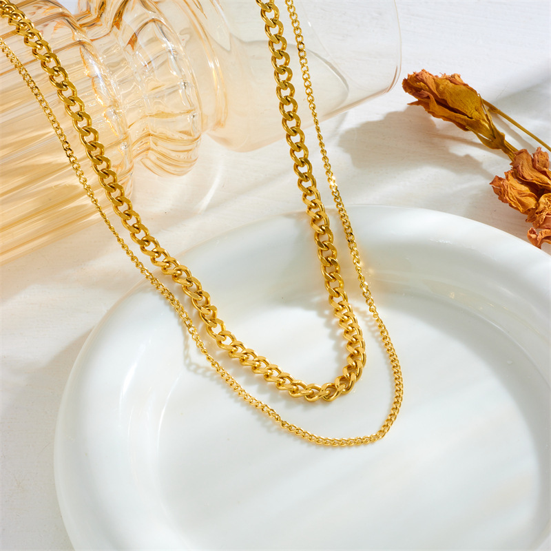 European and American fashionable, simple punk hip-hop double-layer stacked chain gold-plated stainless steel women's jewelry necklace details Picture
