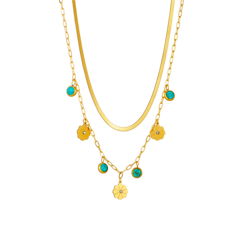 A cross-border fashionable and simple double-layer snake bone chain titanium steel turquoise small flower pendant accessory necklace from Europe and America Item Picture