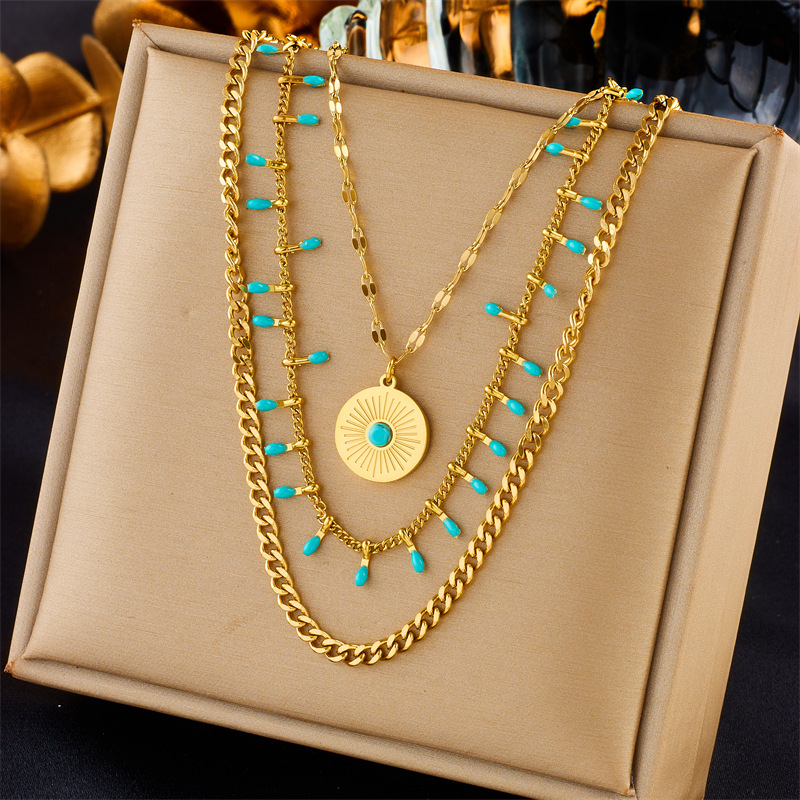 European and American fashion, retro, high-end ethnic style, multi-layer layered blue turquoise round pendant, metal jewelry, titanium steel necklace full figure