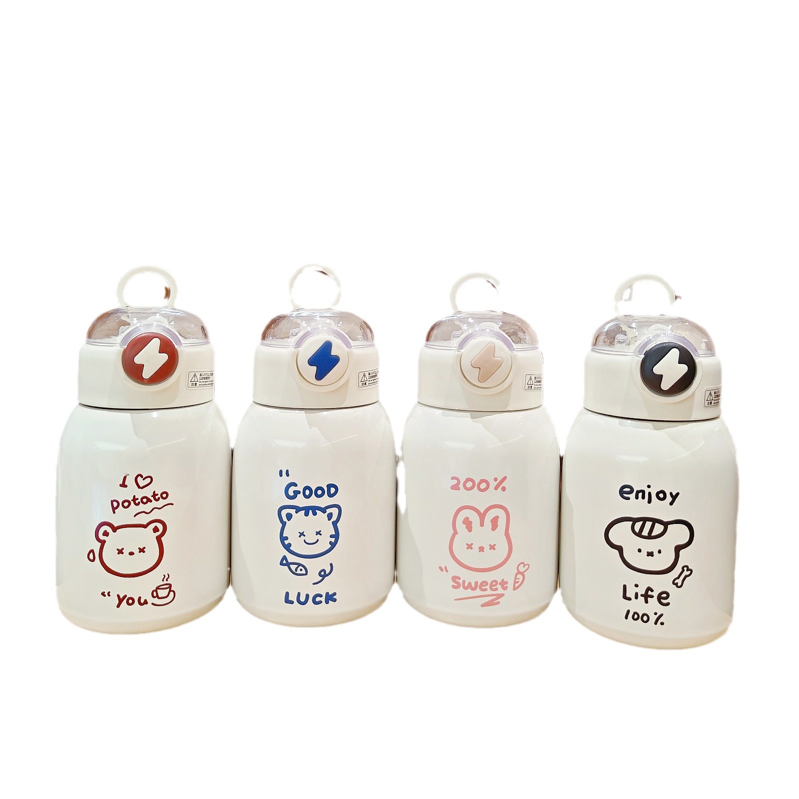 Wholesale of cute thermos cups, simple cartoon student portable straw cups, hand-held stainless steel water cups for girls with big bellies Item Picture