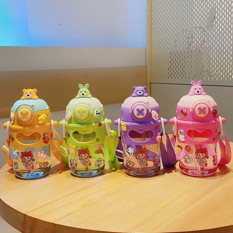 New cross-border cute cartoon bouncing lid straw cup portable outdoor children's plastic water cup full figure