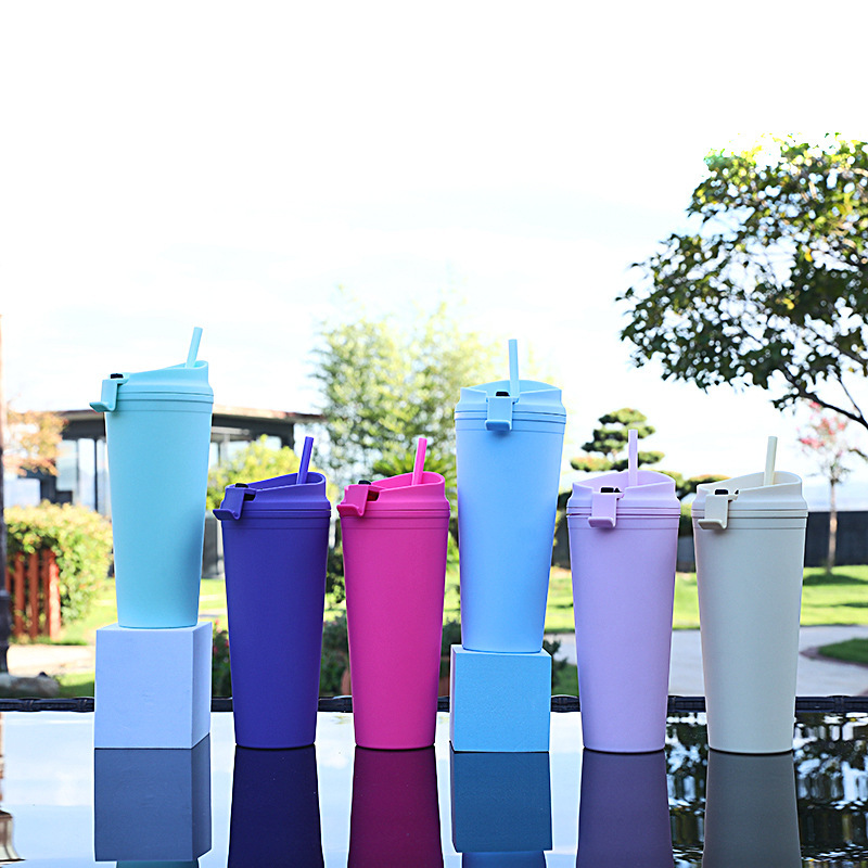 The manufacturer's new cross-border double-layer plastic straw cup, portable flip lid, large-capacity outdoor frosted portable cup Specification drawing