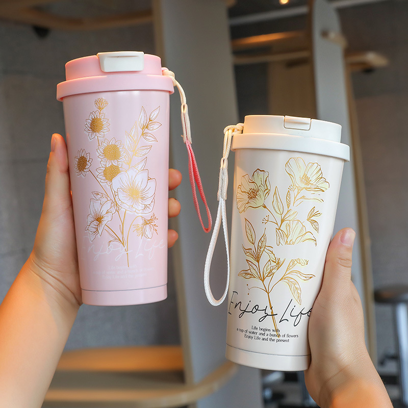 High-appearance 316 stainless steel insulated cup, lily of the valley flower coffee cup, straw, double drinking cup, portable gift cup details Picture