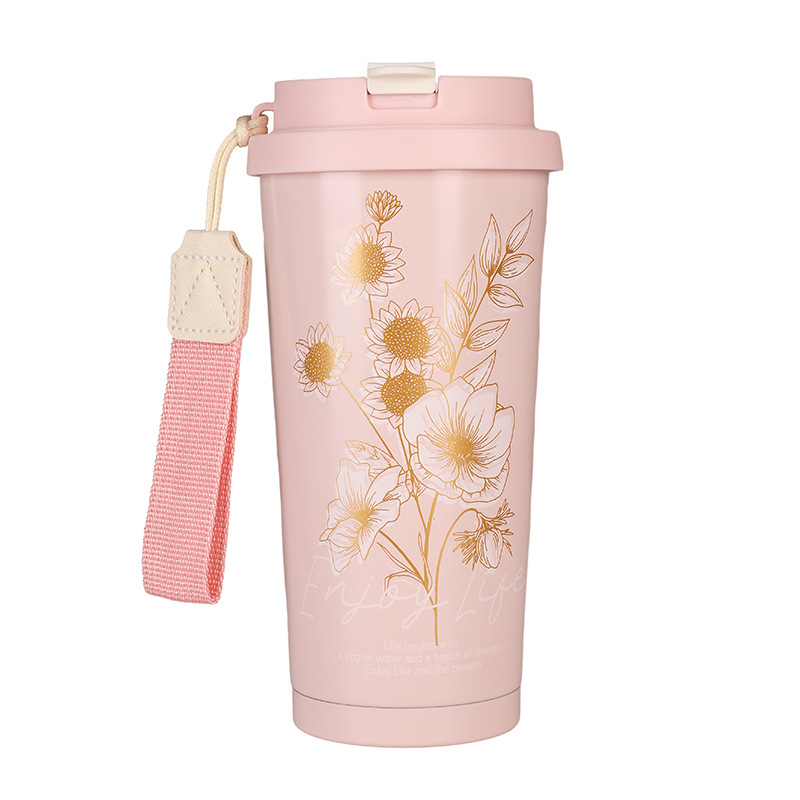 High-appearance 316 stainless steel insulated cup, lily of the valley flower coffee cup, straw, double drinking cup, portable gift cup Item Picture
