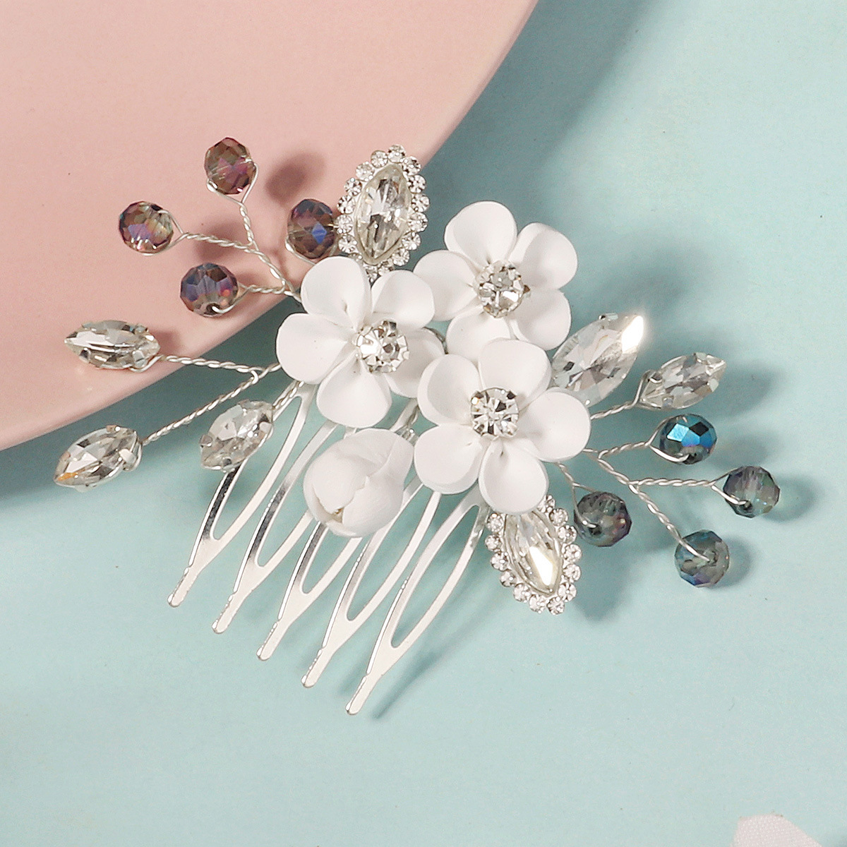 New white soft terracotta bride's comb, a high-end handcrafted crystal five-toothed comb for cross-border Amazon wedding accessories full figure