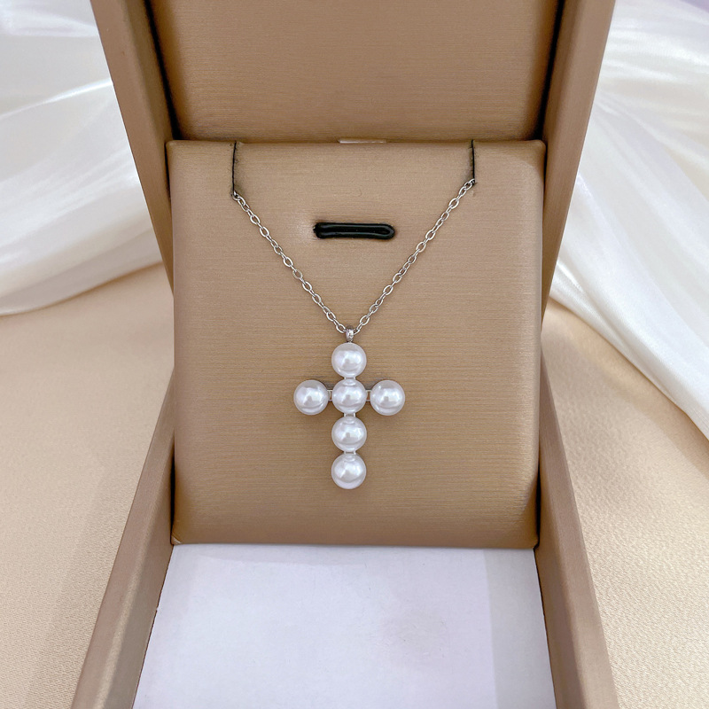 【 All-titanium Steel 】 Pearl cross minimalist style furnace, real gold necklace, female Instagram influencer collarbone chain accessory details Picture