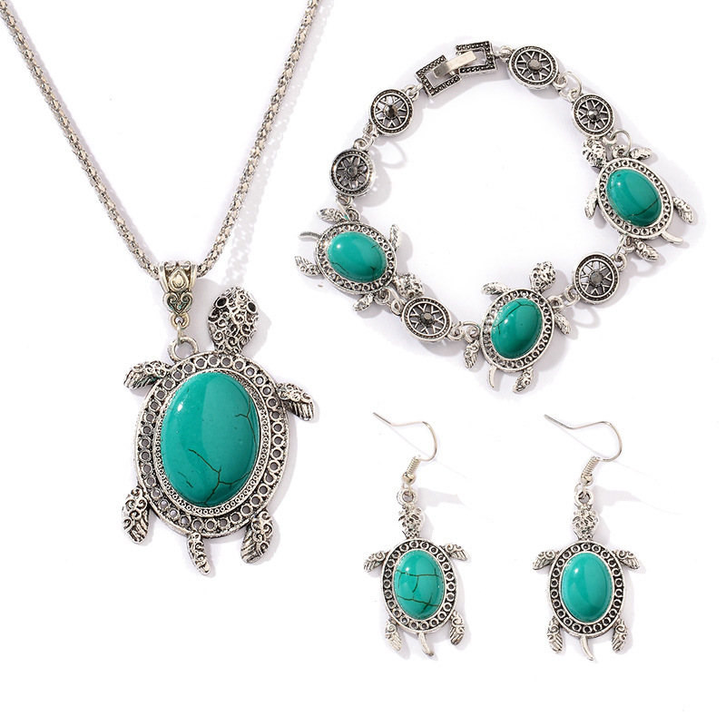 European and American Bohemian turtle turquoise earrings, bracelet and necklace three-piece retro and fashionable women's jewelry set Item Picture