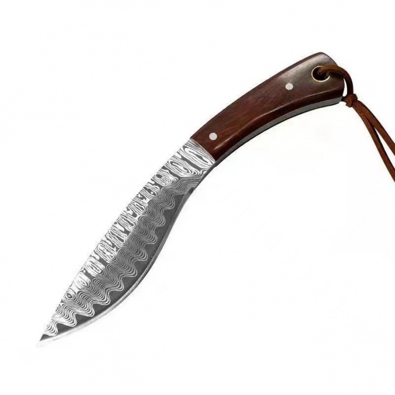 A Damask patterned hand-forged meat knife with a leather case is available for barbecuing, camping, outdoor use, and fruit knives Item Picture