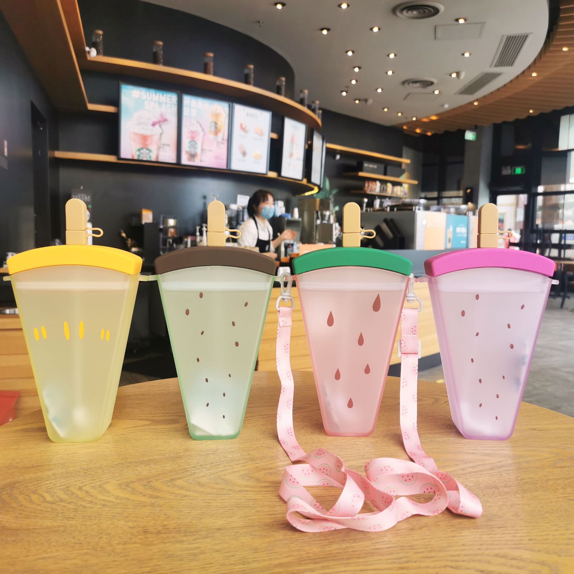 Wholesale creative ice cream watermelon cups with portable straps, European and American standards, custom PC plastic water cups with color changes details Picture