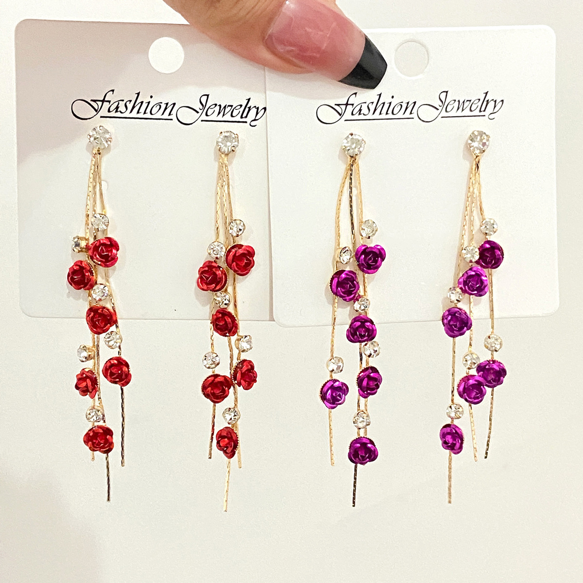 Rose flower earrings, French light luxury long rhinestone tassel flower earrings for women, European and American style trendy earrings details Picture