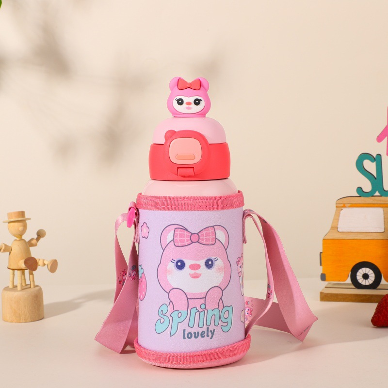 New 316 food-grade children's insulated cup, cartoon straw water cup, large-capacity shoulder strap, convenient kindergarten cup Specification drawing