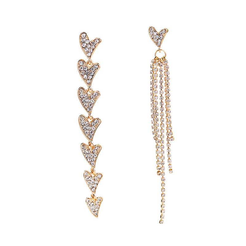 New asymmetrical heart-shaped tassel earrings from South Korea, silver needle high-end earrings, women's fashionable and light luxury full-diamond jewelry Item Picture