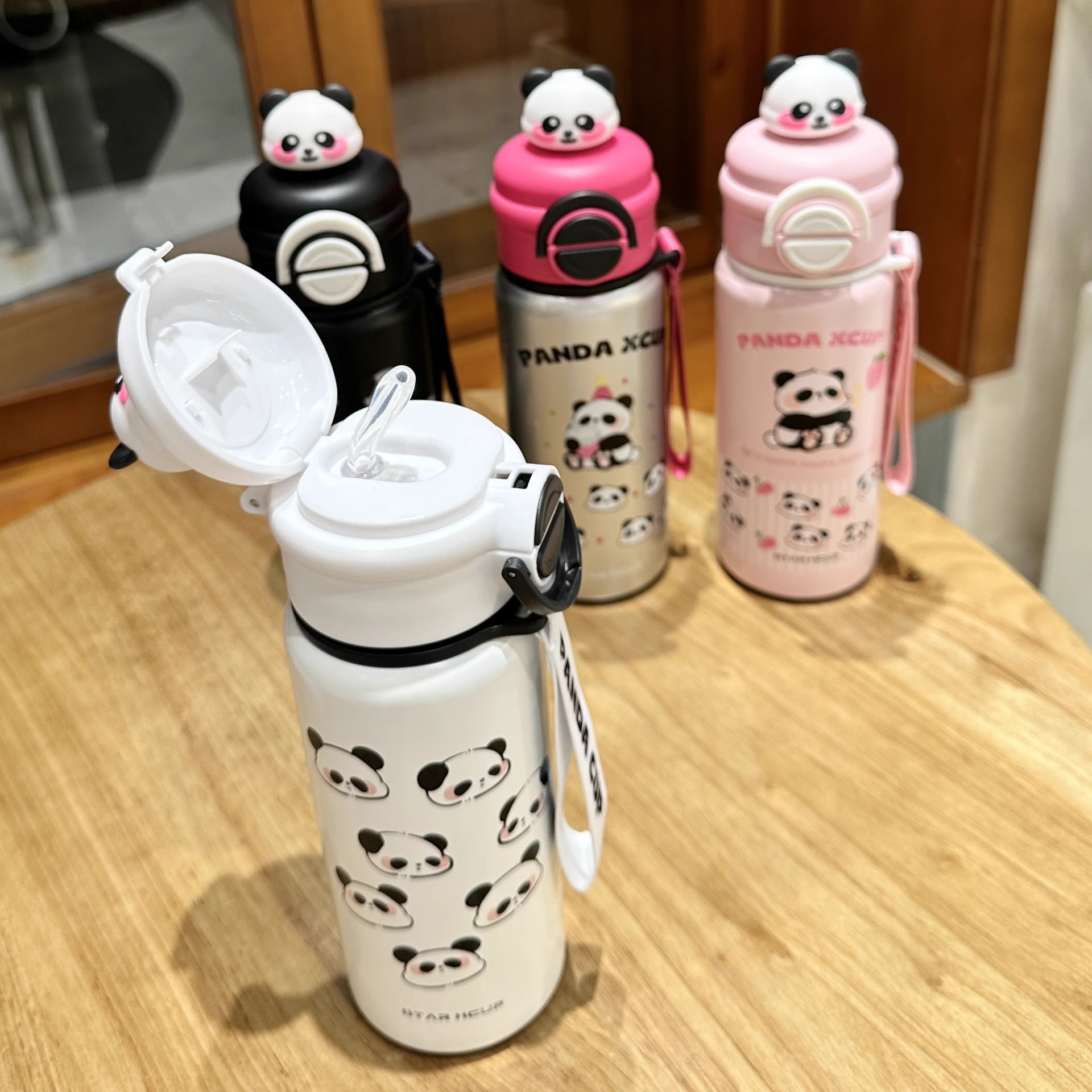 Panda Children's Water Cup, 2024 New model for students to go to School, high appearance level Double Drinking straw Insulated cup for boys and girls Specification drawing