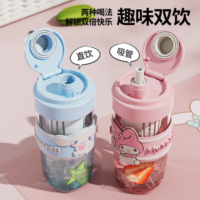 Genuine Sanrio authorized plastic cup, high appearance level, children's and students' drinking cup, convenient lid opening straw tea strater cup details Picture