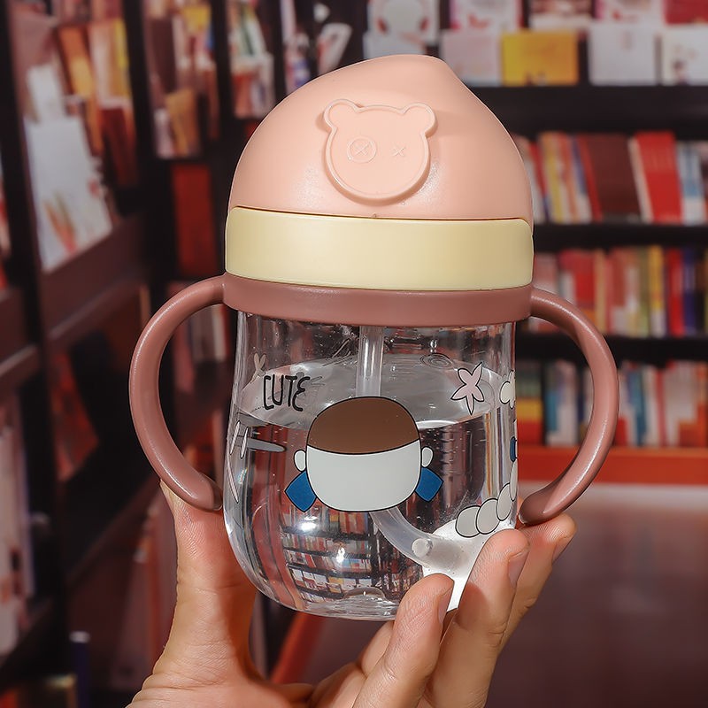 2024 New infant and toddler bite suction cup drinking Cup, cute cartoon baby anti-choking gravity ball straw cup handle details Picture