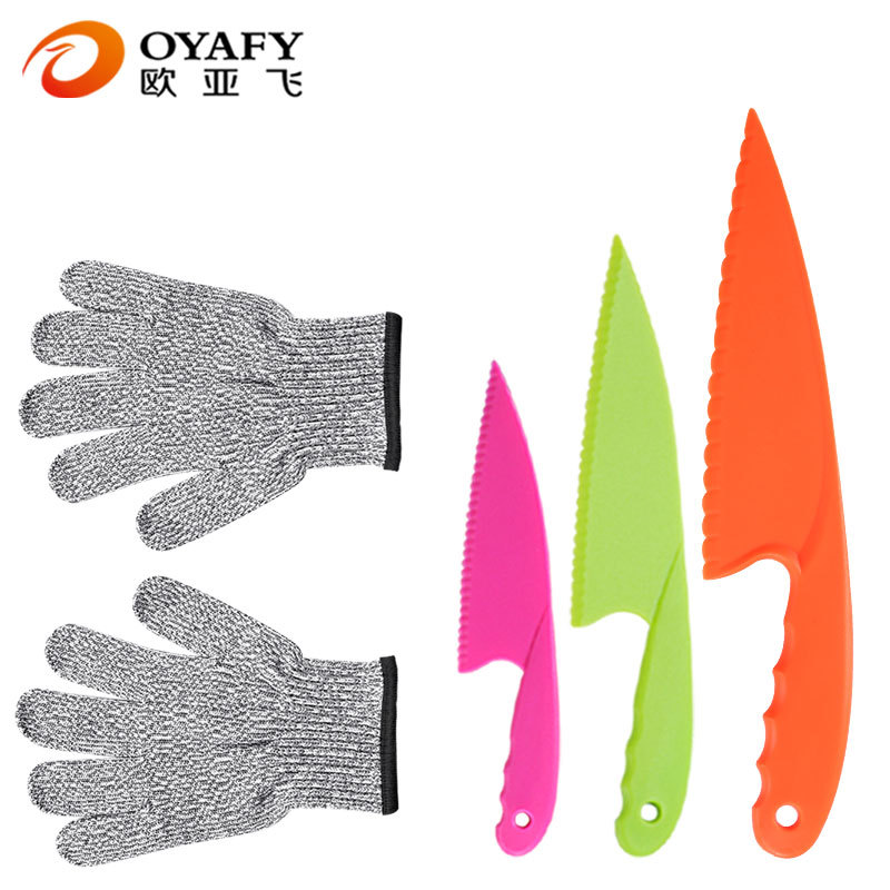 Children's cut-resistant gloves, children's plastic fruit knife, toddler kitchen knife, fruit and vegetable knife set, HPPE protective gloves Item Picture