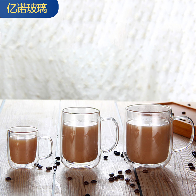 Wholesale transparent glass cups for household tea brewing, double-layer insulated milk coffee mugs with handles, double-layer glass cups full figure