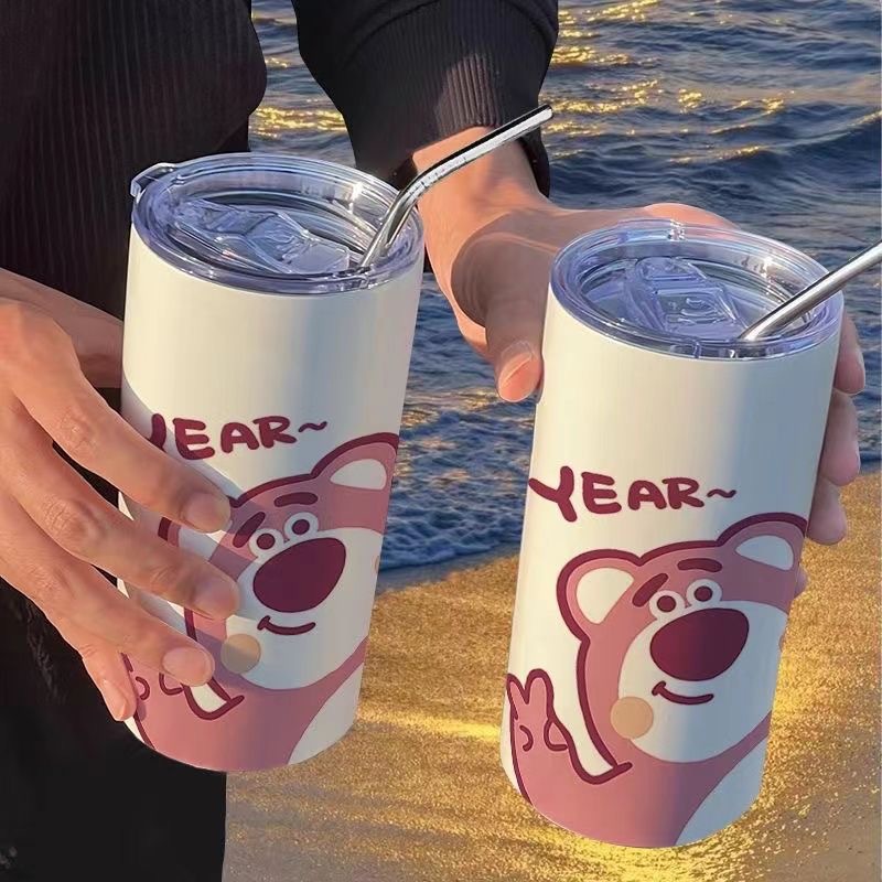 Cartoon straw cup, high school girls' appearance level ice king cup, cute bear 304 stainless steel insulated cup, iced Americano coffee cup full figure