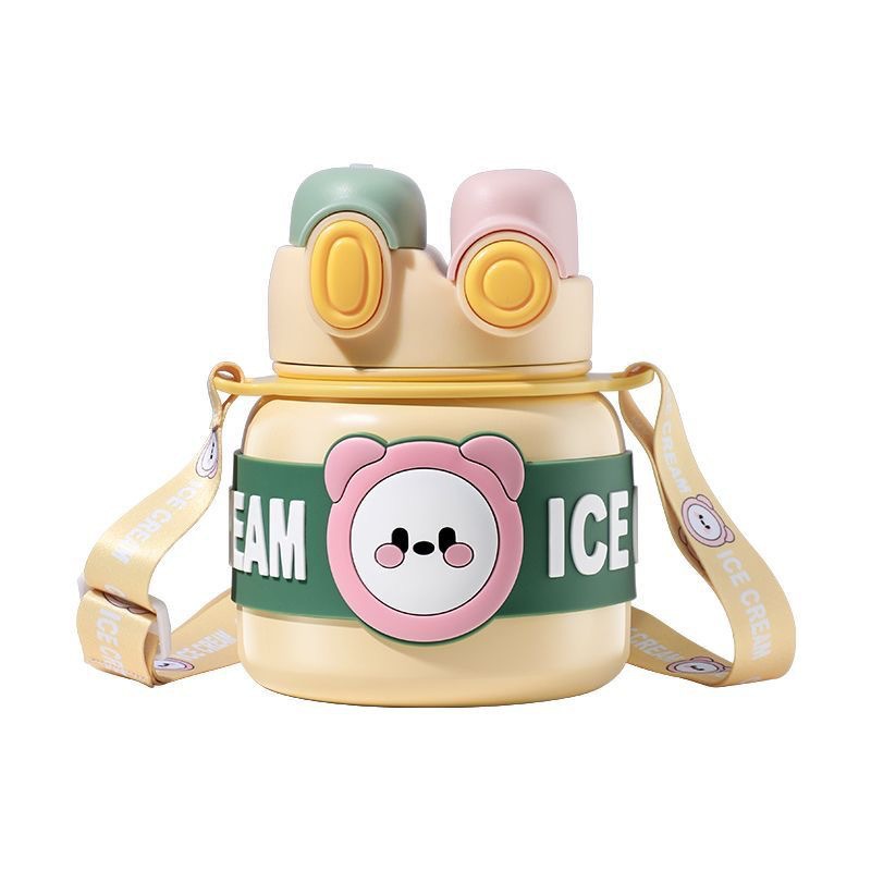 316 stainless steel double-drinking bear children's straw cup, high appearance level student double-drinking large belly insulated cup, 2023 new style Item Picture