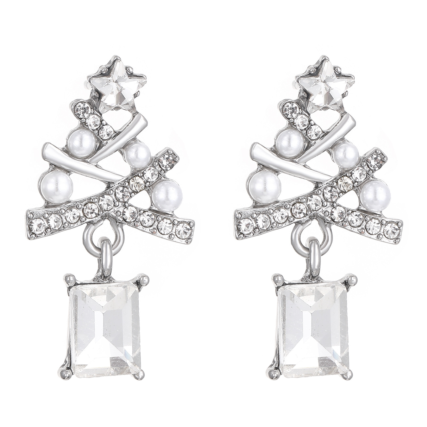 European and American Christmas diamond-encrusted and pearl-like Christmas tree stud earrings, women's cross-border export festival party earrings Item Picture