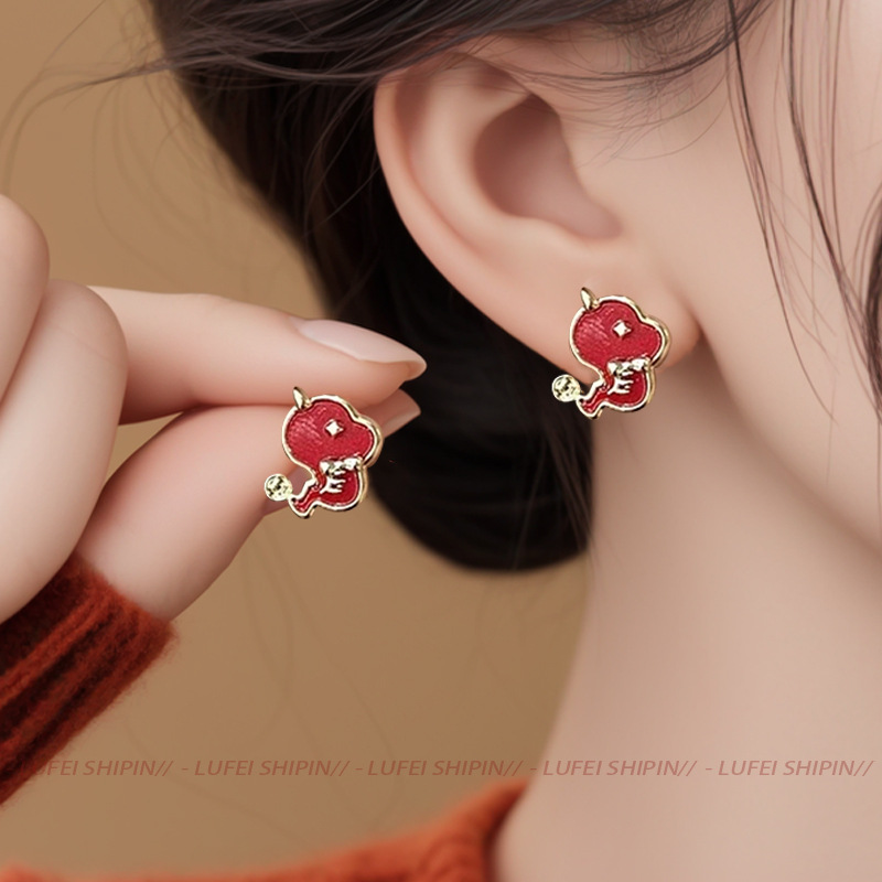 New Year red stud earrings for women, 2025 New Style bestsellers, high-end earrings, festive and elegant Chinese-style earrings Specification drawing