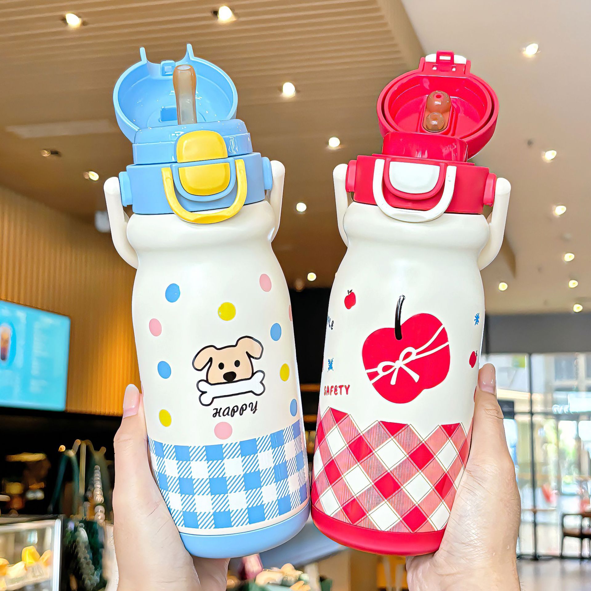 This cute and interesting student cup has a sturdy heat preservation ring for easy carrying. The silk-printed cup body is a double-drinking water cup with a lock design Application Scenario